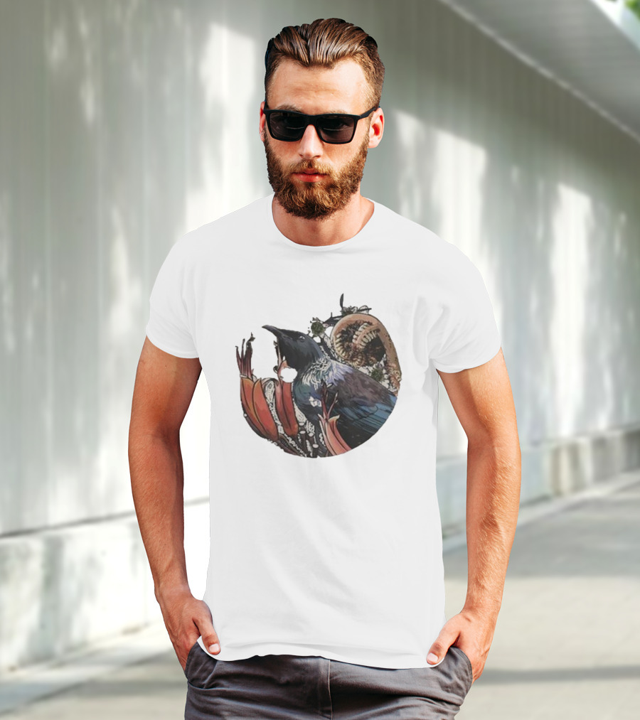 Tui’s Floral Harmony New Zealand Bird And Fern Motif T-Shirt