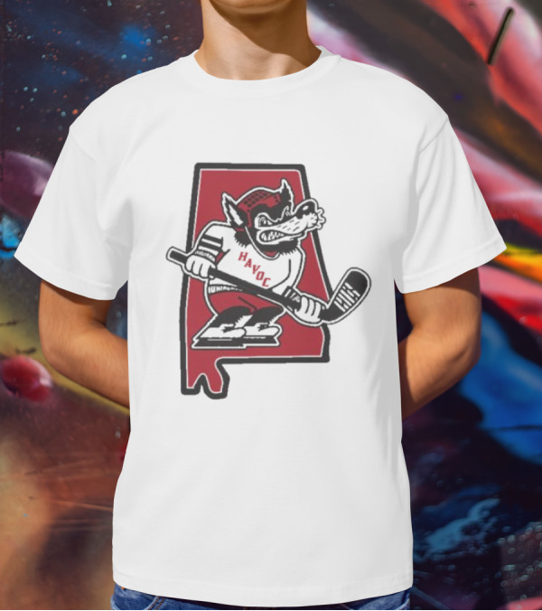 Havoc Retro Wolf Hockey Red Alabama Outline T-Shirt