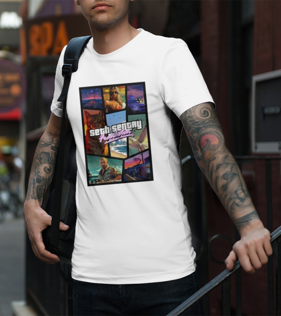 Seth Sentry Frankston GTA Style Art With Cat And City Scenes T-Shirt