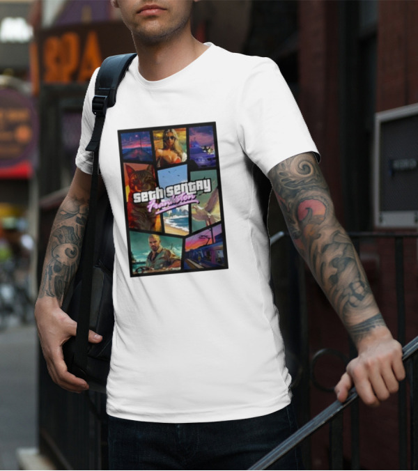 Seth Sentry Frankston GTA Style Art With Cat And City Scenes T-Shirt