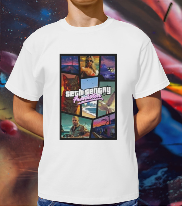Seth Sentry Frankston GTA Style Art With Cat And City Scenes T-Shirt