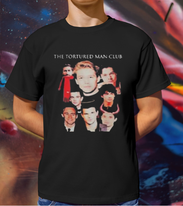 The Tortured Man Club: Collage Of Faces With Red Scarf And Horns T-Shirt