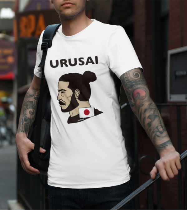 URUSAI Hiragana Ninja Japan Samurai Man Bun Profile With Flag T-Shirt