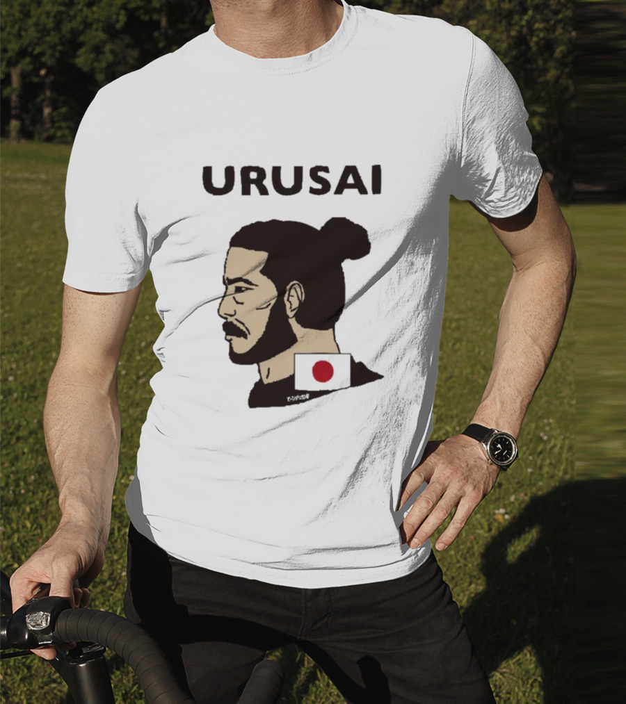 URUSAI Hiragana Ninja Japan Samurai Man Bun Profile With Flag T-Shirt