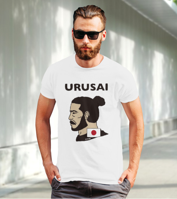 URUSAI Hiragana Ninja Japan Samurai Man Bun Profile With Flag T-Shirt