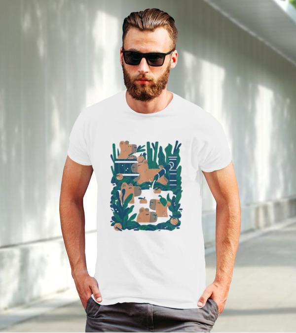 Bamboo Bath Bear Family Relaxing Amidst Greenery T-Shirt