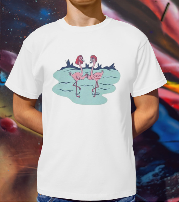 Flamingo Amigos In Blue Water Scene T-Shirt