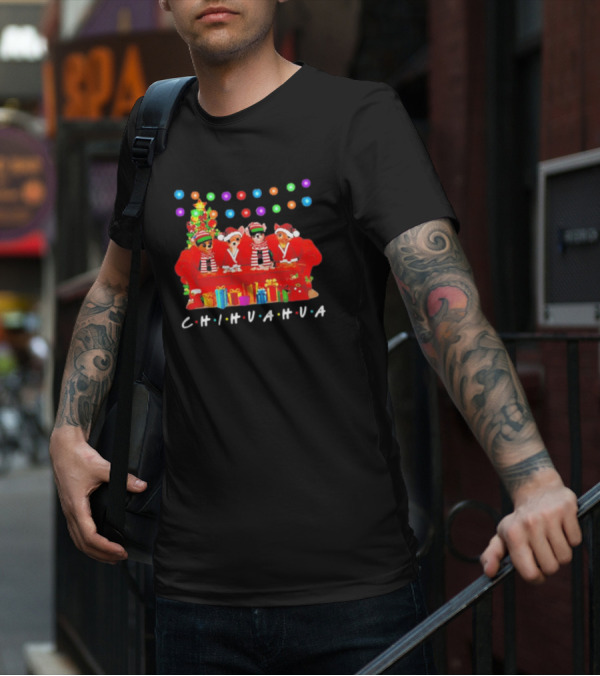 Merry Christmas Chihuahua Friends On Festive Couch With Colorful Lights And Presents T-Shirt