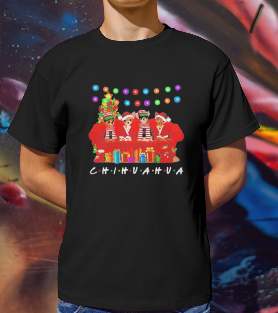 Merry Christmas Chihuahua Friends On Festive Couch With Colorful Lights And Presents T-Shirt