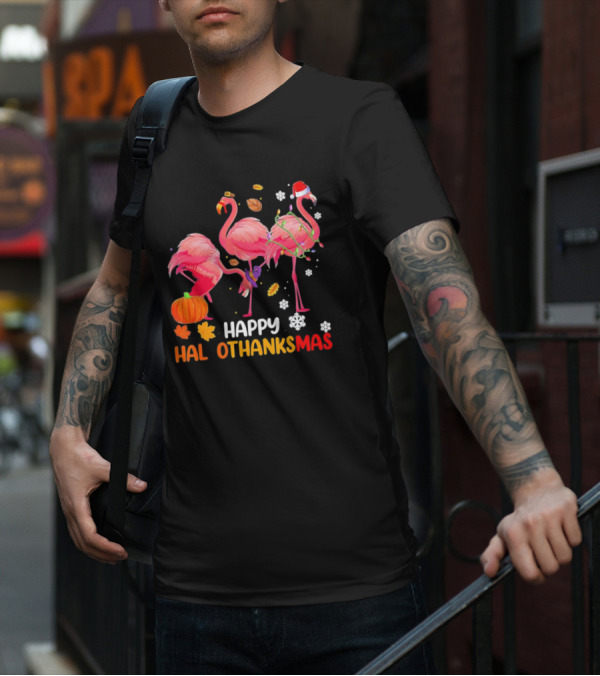 Happy Hallothanksmas Flamingo Halloween Thanksgiving Pumpkin Leaves Snowflakes T-Shirt