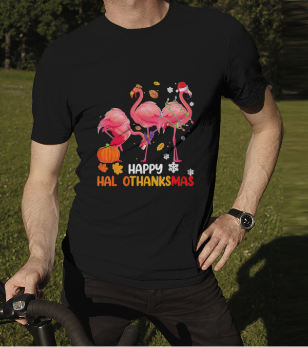 Happy Hallothanksmas Flamingo Halloween Thanksgiving Pumpkin Leaves Snowflakes T-Shirt
