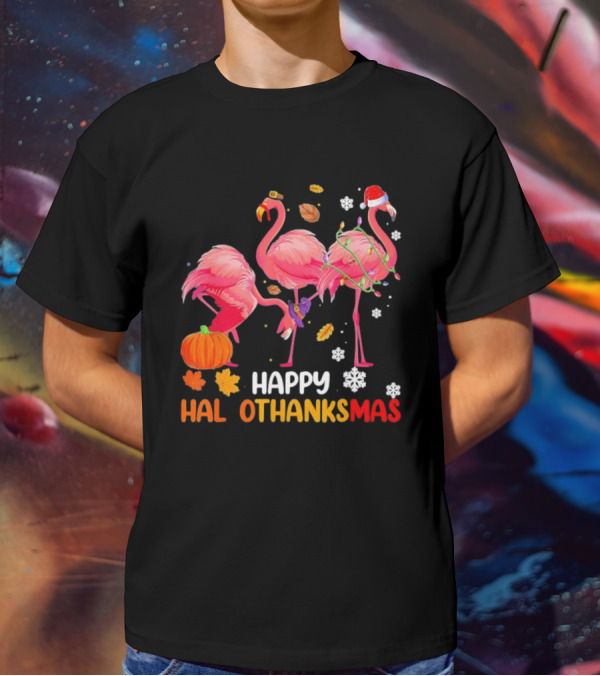 Happy Hallothanksmas Flamingo Halloween Thanksgiving Pumpkin Leaves Snowflakes T-Shirt