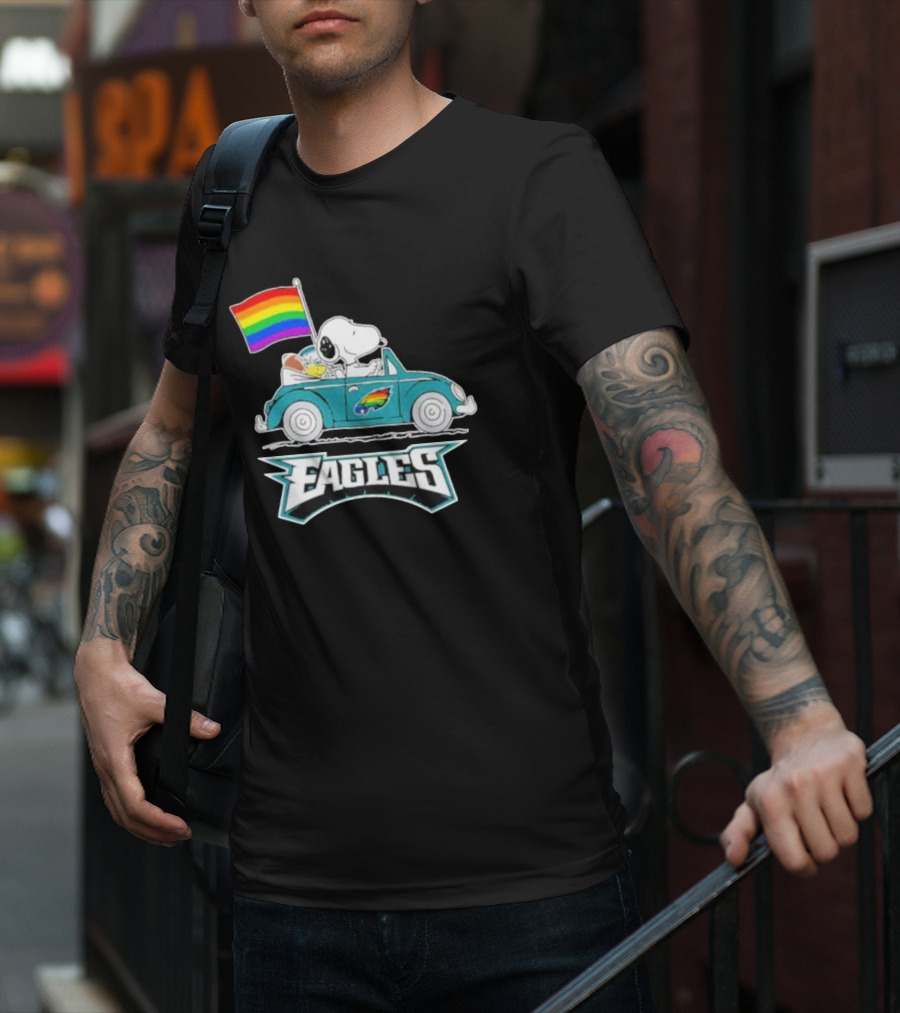 Philadelphia Eagles Pride Month Snoopy And Woodstock Rainbow Flag Parade T-Shirt
