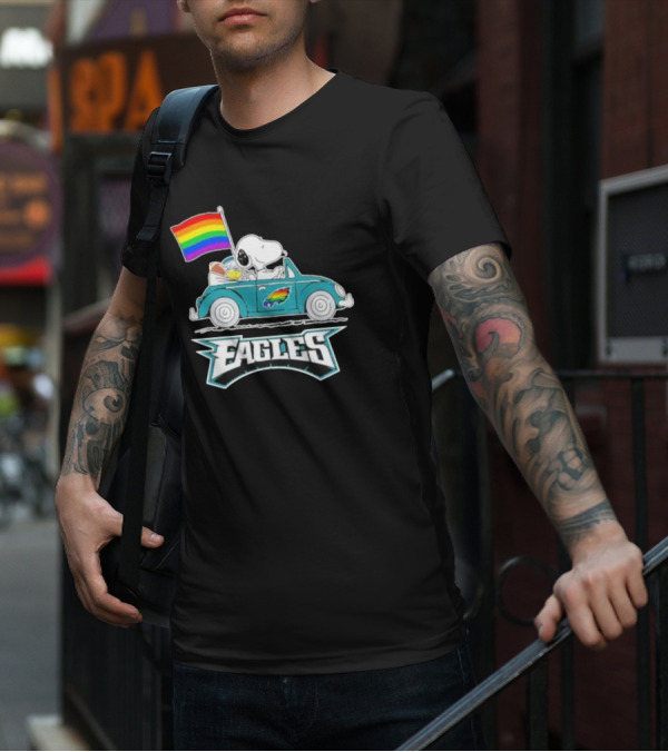 Philadelphia Eagles Pride Month Snoopy And Woodstock Rainbow Flag Parade T-Shirt