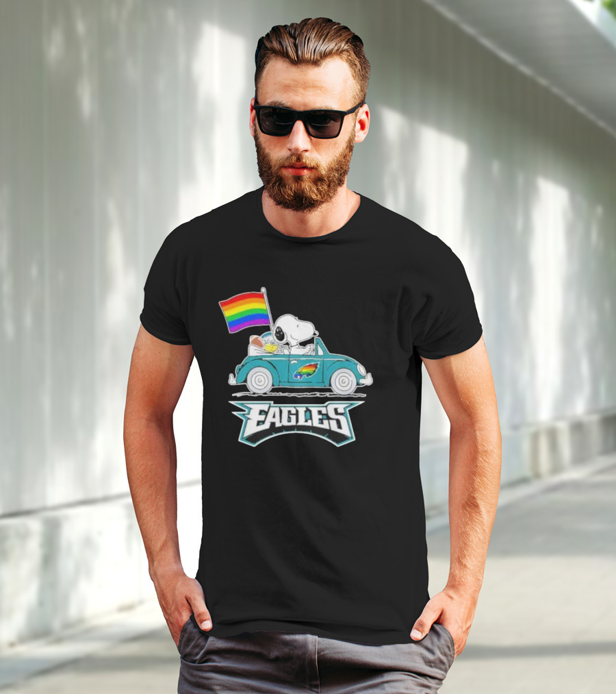 Philadelphia Eagles Pride Month Snoopy And Woodstock Rainbow Flag Parade T-Shirt