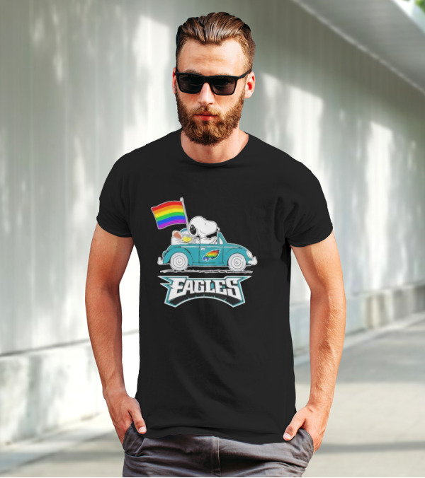 Philadelphia Eagles Pride Month Snoopy And Woodstock Rainbow Flag Parade T-Shirt