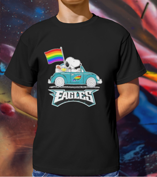 Philadelphia Eagles Pride Month Snoopy And Woodstock Rainbow Flag Parade T-Shirt
