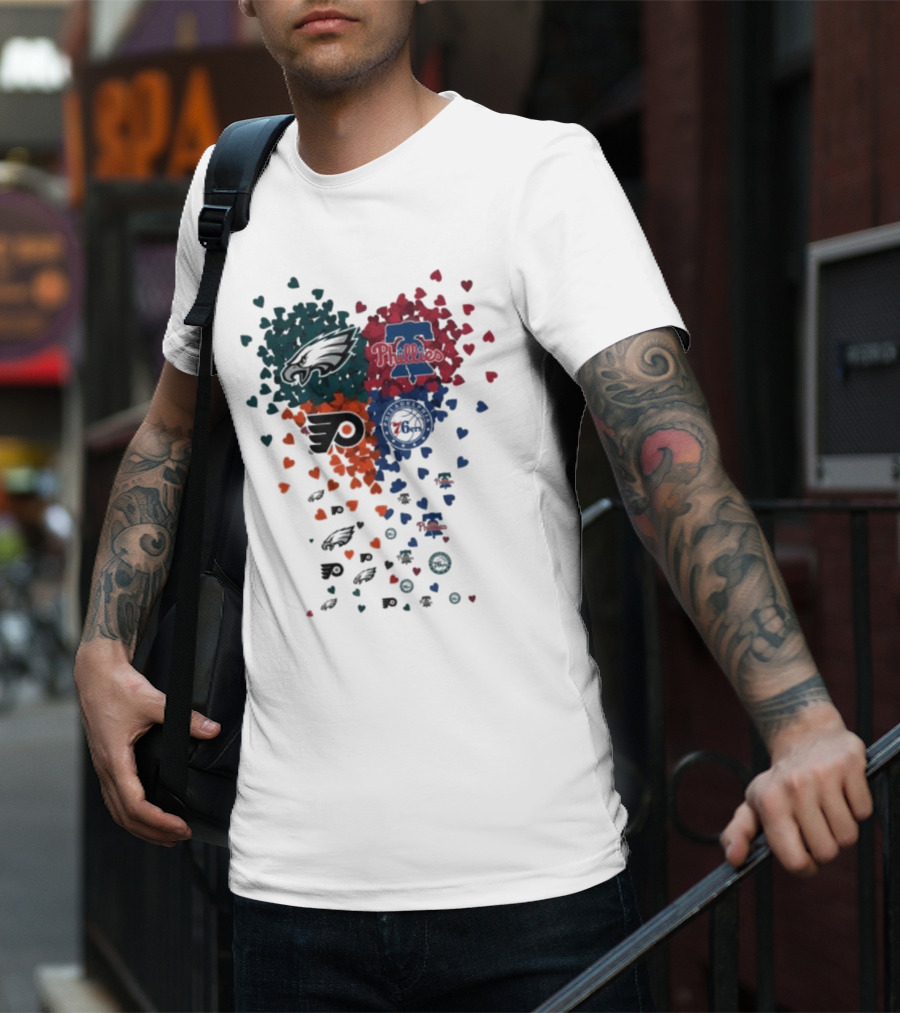 Philadelphia Eagles Phillies Flyers 76ers Logos And Hearts T-Shirt