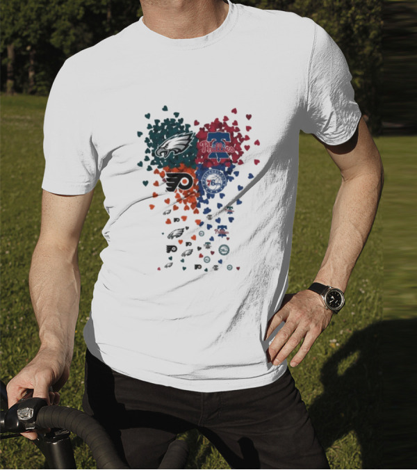 Philadelphia Eagles Phillies Flyers 76ers Logos And Hearts T-Shirt