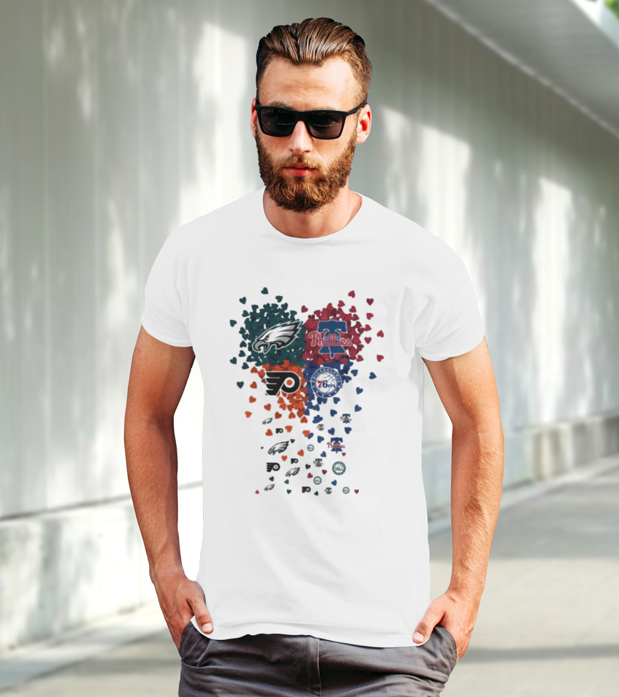 Philadelphia Eagles Phillies Flyers 76ers Logos And Hearts T-Shirt
