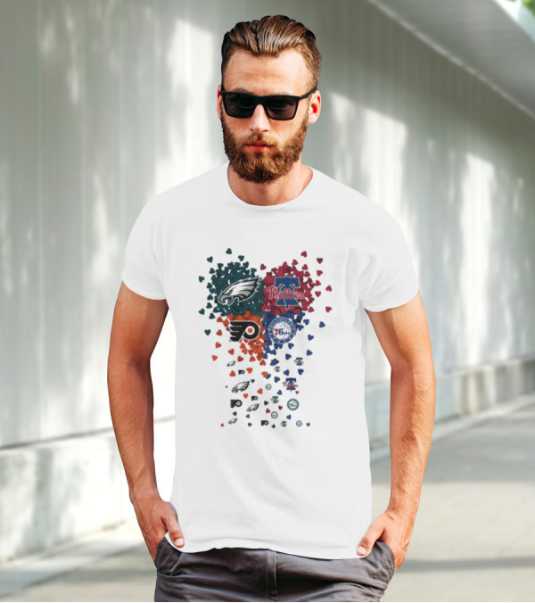 Philadelphia Eagles Phillies Flyers 76ers Logos And Hearts T-Shirt