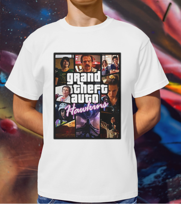 Stranger Things 3 Grand Theft Auto Hawkins Vintage Style Collage T-Shirt