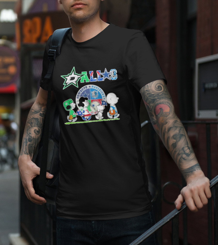 Peanuts Characters Walking With Dallas Cowboys Mavericks Stars T-Shirt