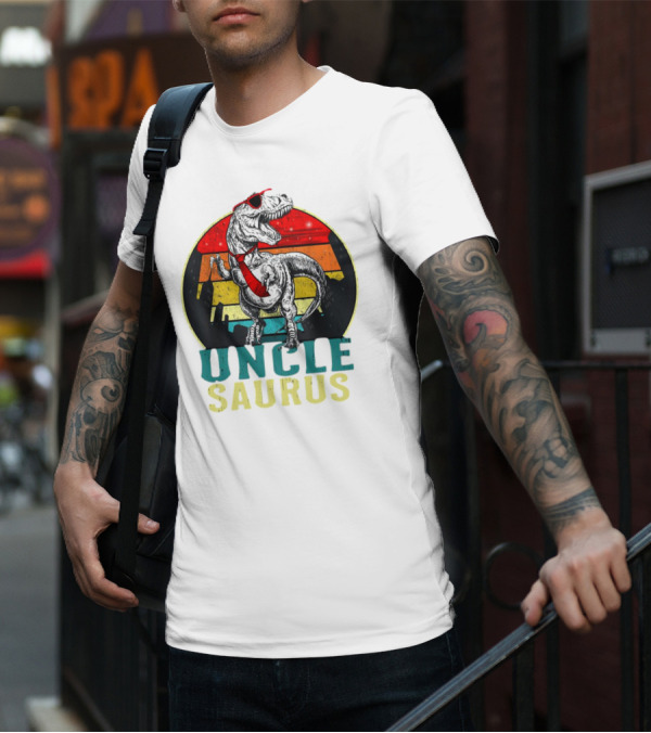 Uncle Saurus Rex Dinosaur With Sunglasses And Red Tie Fathers Day T-Shirt