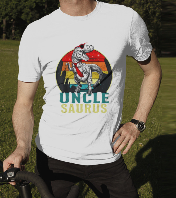 Uncle Saurus Rex Dinosaur With Sunglasses And Red Tie Fathers Day T-Shirt
