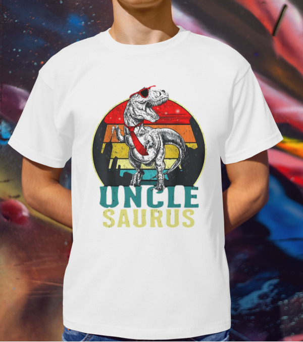 Uncle Saurus Rex Dinosaur With Sunglasses And Red Tie Fathers Day T-Shirt