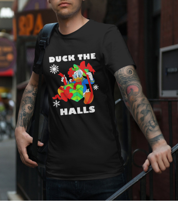 Duck The Halls Christmas With Present And Snowflakes T-Shirt