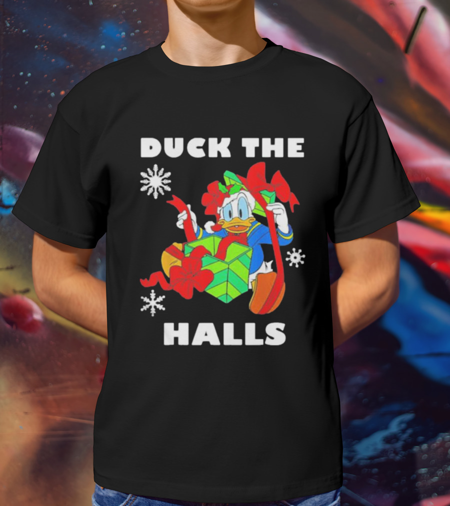 Duck The Halls Christmas With Present And Snowflakes T-Shirt
