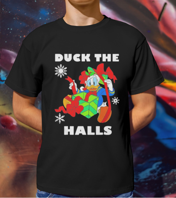 Duck The Halls Christmas With Present And Snowflakes T-Shirt