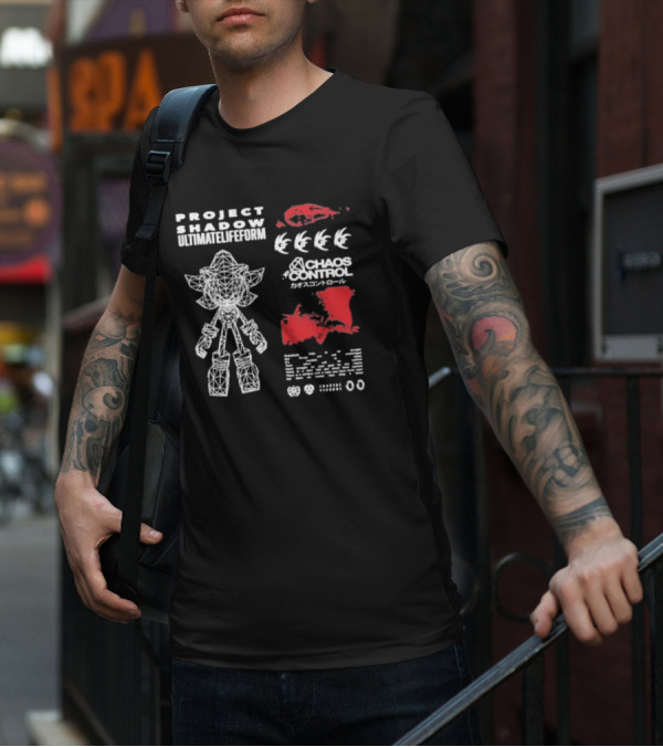 Project Shadow Ultimate Lifeform Chaos Control Japanese Text Wireframe Character Red Elements T-Shirt