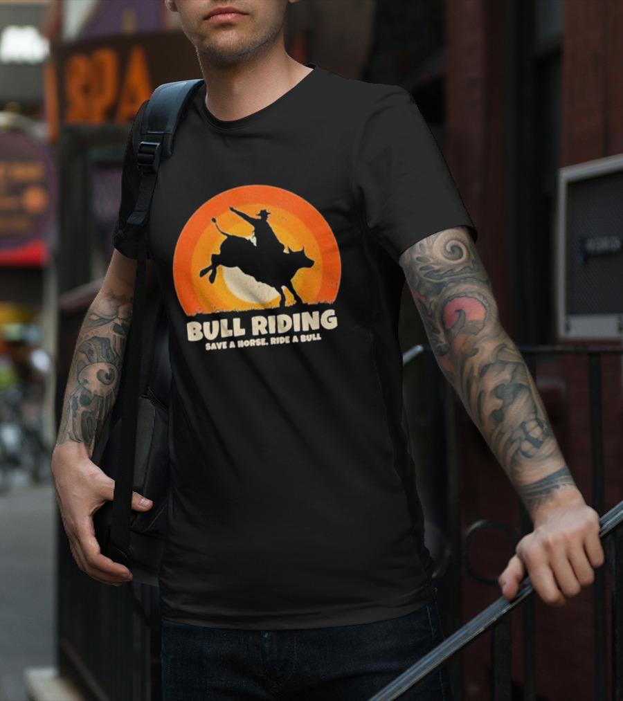 Bull Riding Save A Horse Ride A Bull Sunset Silhouette Cowboy Vintage T-Shirt