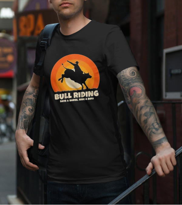 Bull Riding Save A Horse Ride A Bull Sunset Silhouette Cowboy Vintage T-Shirt