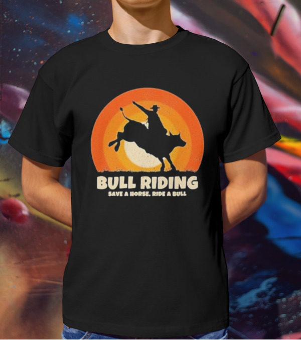 Bull Riding Save A Horse Ride A Bull Sunset Silhouette Cowboy Vintage T-Shirt