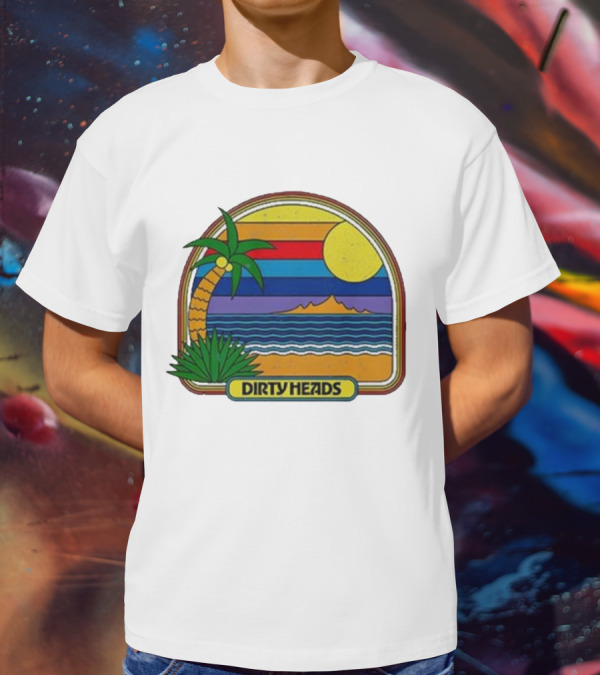 Dirty Heads Retro Beach Sunset Palms Ocean Scene T-Shirt
