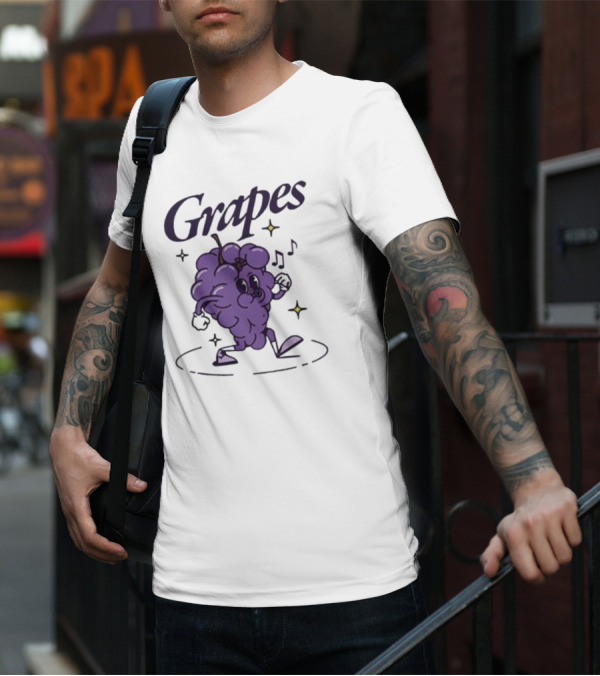 James Marriott Grapes Dancing Purple Cartoon With Musical Notes And Stars T-Shirt