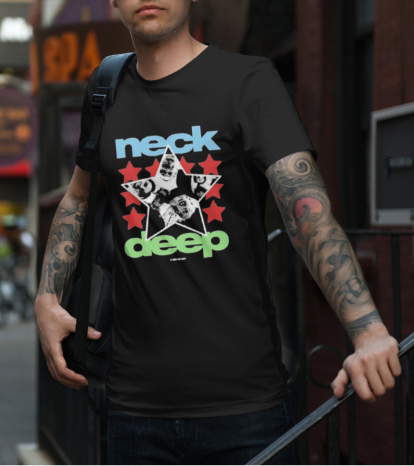 Neck Deep Blue And Green Star With Red Stars And Faces T-Shirt