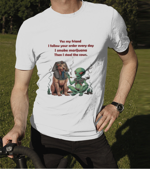 Yes My Friend I Follow Your Order Every Day I Smoke Marijuana Then I Steal The Cows Alien With Sphinx Smoking T-Shirt