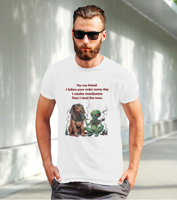 Yes My Friend I Follow Your Order Every Day I Smoke Marijuana Then I Steal The Cows Alien With Sphinx Smoking T-Shirt