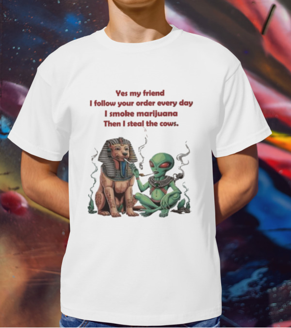 Yes My Friend I Follow Your Order Every Day I Smoke Marijuana Then I Steal The Cows Alien With Sphinx Smoking T-Shirt
