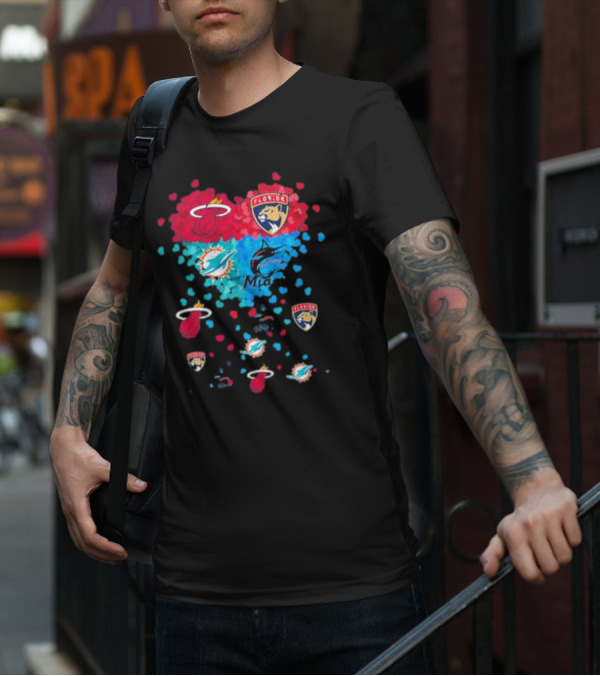 Miami Dolphins Miami Heat Florida Panthers Mashup Hearts T-Shirt