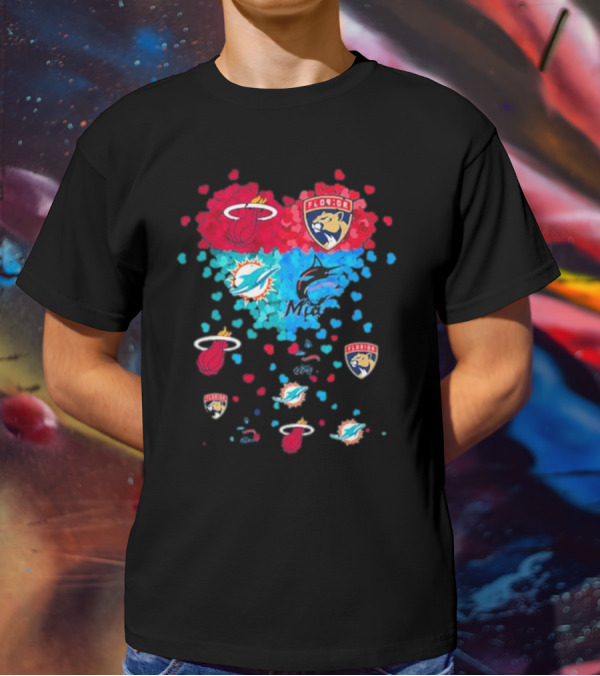 Miami Dolphins Miami Heat Florida Panthers Mashup Hearts T-Shirt