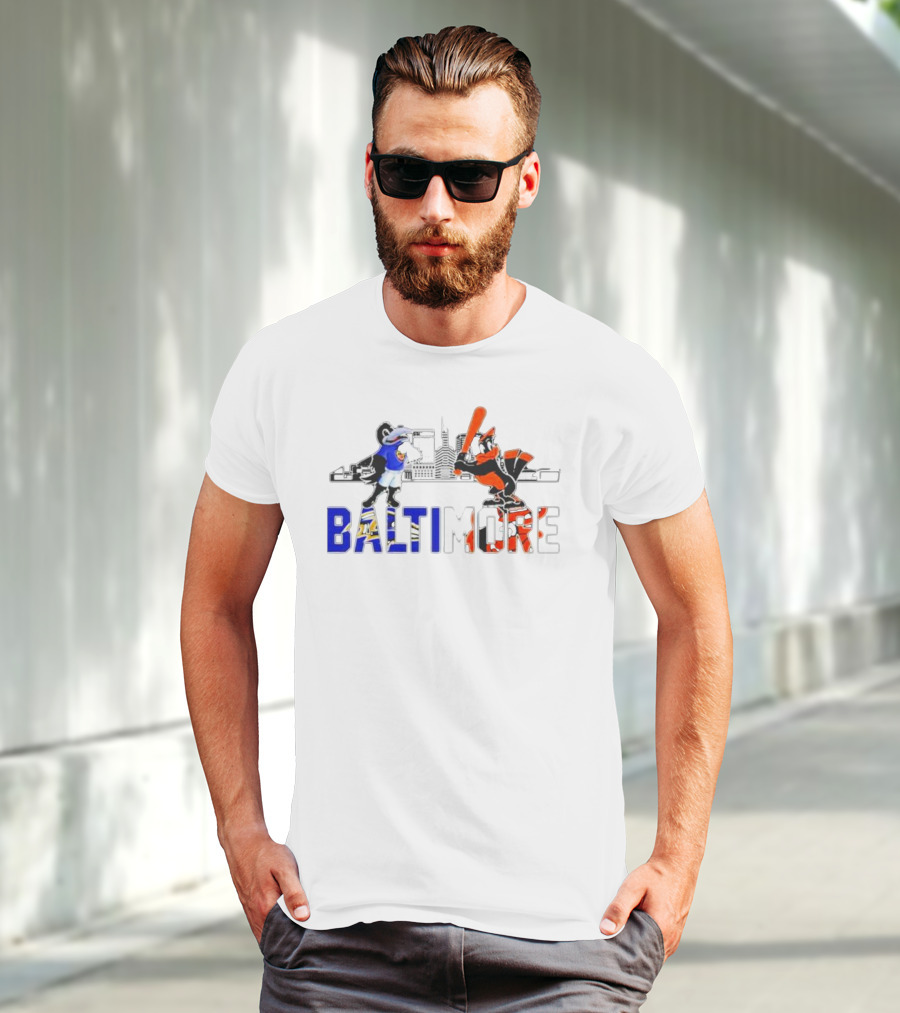 Baltimore Ravens And Orioles Mascot Skyline T-Shirt