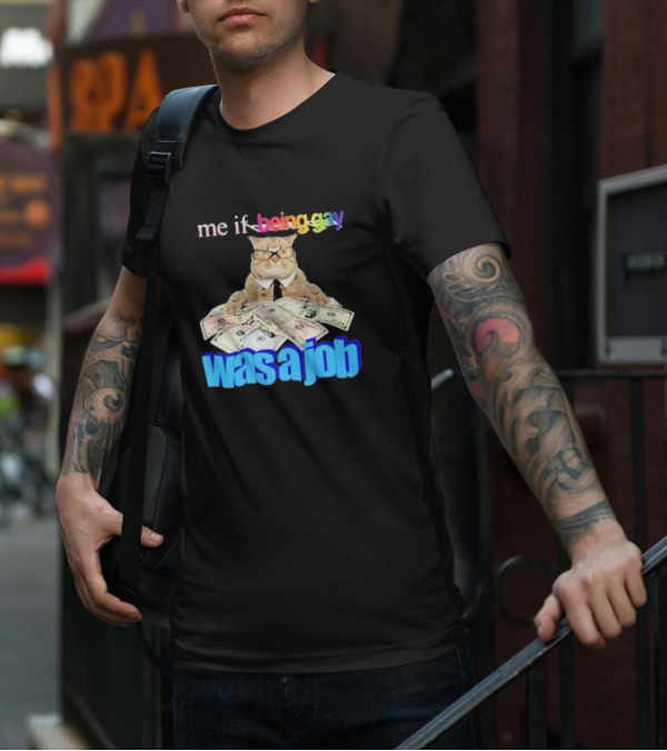 Cat With Money And Rainbow Text Me If Being Gay Was A Job T-Shirt