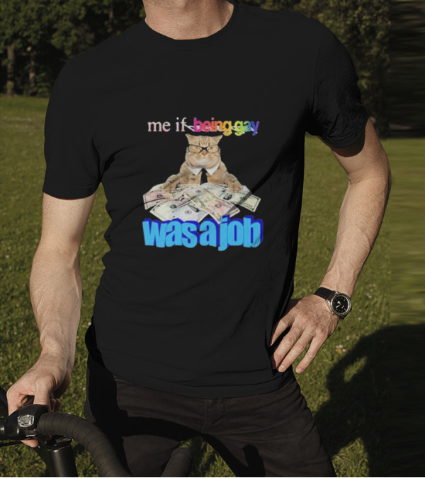 Cat With Money And Rainbow Text Me If Being Gay Was A Job T-Shirt