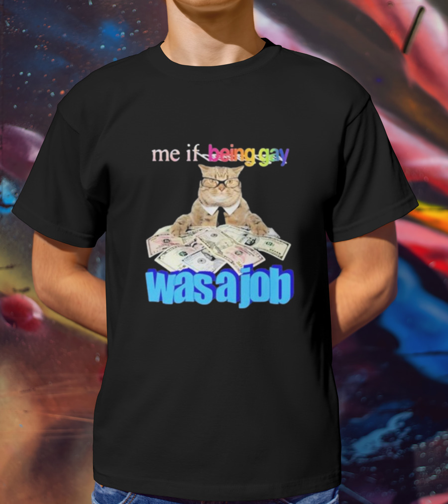 Cat With Money And Rainbow Text Me If Being Gay Was A Job T-Shirt