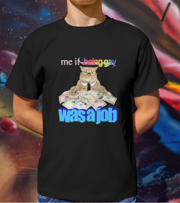 Cat With Money And Rainbow Text Me If Being Gay Was A Job T-Shirt